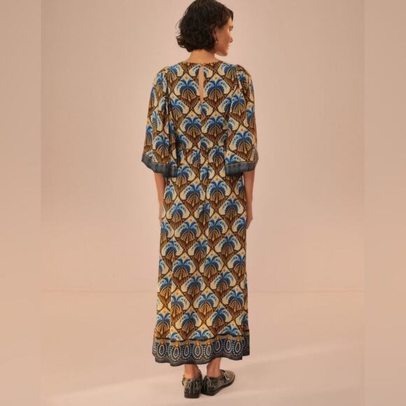 Farm Rio Anthro Women’s Cocopalm Flutter Sleeve Beige Blue  Print Maxi Dress XS - Picture 7 of 15